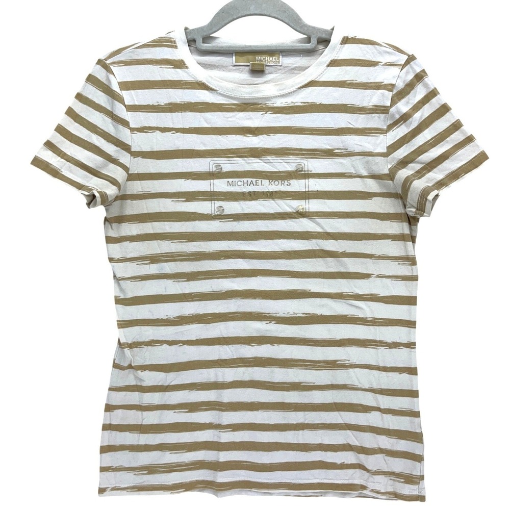 Michael Kors Tan White Striped Logo Plaque T-Shirt Size Small Short Sleeve Tee